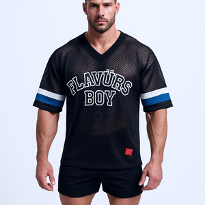 Camiseta de Manga Corta con Cuello en V de Malla BW Flavors para Hombre, Estilo Urbano, Holgada, Transpirable, Negra con Rayas Azules - Product Image 1