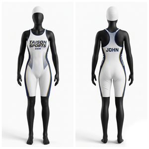 Premium 200 GSM polyester spandex swimwear uniform light <b>blue</b> navy side panel sublimation custom logo fit - Product Image 2