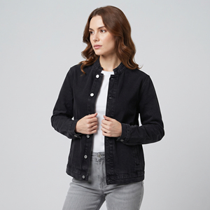 Women's Black <b>Denim</b> Quilted Trucker <b>Jacket</b> Stand Collar Full Sleeve Button Closure Windproof Breathable Fashion Style - Product Image 2