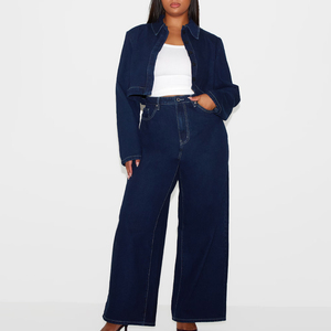 Jean cargo en denim taille haute pour femme grande taille, délavé, avec broderie et braguette zippée, personnalisable OEM - Product Image 1