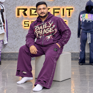 Conjunto de chándal casual personalizado unisex de forro polar grueso con cremallera completa, sudadera con capucha y pantalones de chándal de pierna ancha con estampado gráfico y etiqueta personalizada, fabricantes OEM - Product Image 3