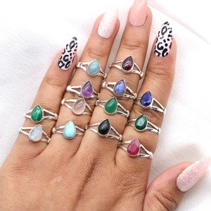 New Arrival Sterling <b>Silver</b> Teardrop Gemstone <b>Ring</b> <b>Emerald</b> Sapphire Onyx Pear Cabochon 7x9mm Pear Shape Gemstone <b>Ring</b> For Women - Product Image 1