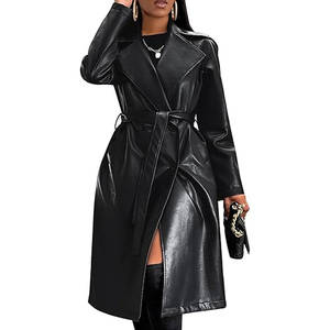 New Wholesale Custom Women's Black Lambskin Leather Coat Extra Long Length Best Collar Split Back Overcoat For Women - Product Image 1
