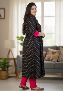 Kurti Anarkali con Cuello Mandarín y Estampado Floral, Negro, de Rayón, con Mangas Tres Cuartos, para Mujer, Talla Grande, Estilo Étnico - Product Image 3