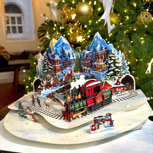 Carte de vœux de Noël 3D pop-up avec scène de train et de cabane, découpe au laser, pelliculage brillant, carte de fêtes - Product Image 2