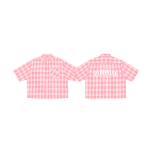 Camisa de mujer de manga corta, rosa a cuadros, con botones, estilo casual para primavera/verano, hecha de tela de algodón, con bolsillos. - Product Image 1