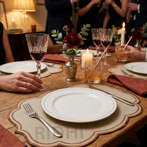 Wholesale Stone Brown Linen Scalloped Embroidered <b>Placemat</b> Reusable Fabric <b>Placemats</b> Bulk Supply for Wedding, Restaurant, Hotel - Product Image 6