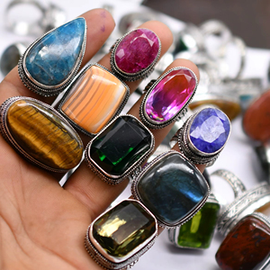 Vintage Style Natural Gemstone Brass <b>Rings</b> <b>Silver</b> Plated Punk Heart Jewelry <b>Set</b> - Product Image 1