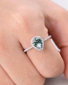 Bague de fiançailles en agate mousse en forme de poire, argent sterling, halo en or blanc 14 carats, demi-éternité, bague de mariée - Product Image 4