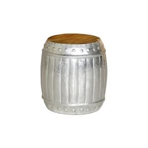 Tabouret en bois de style classique, plateau en teck recyclé, table d'appoint en aluminium martelé en forme de baril, meubles de décoration pour la maison - Product Image 1