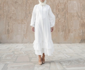 New2026 White Cotton Abaya With Ruffle Hem Long Sleeve Loose Fit Midi Length Modest Dress For Women Middle Eastern Style - Product Image 1