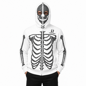 Men’s White Skeleton Rhinestone Hoodie with Full Zip Balaclava Mask, Crystal Skull Bone Design, <b>Gothic</b> Hip Hop Streetwear <b>Jacket</b> - Product Image 1