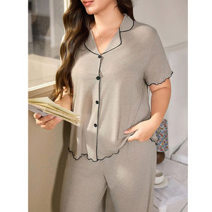 Conjunto de Pijama Tipo Cárdigan con Cuello para Mujer, Tallas Grandes, Color Sólido, Corte Holgado, Ropa Cómoda para el Hogar, Primavera, Bordado a Máquina - Product Image 2