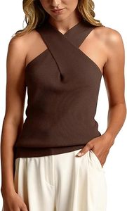 Women's Criss-<b>Cross</b> Neck Knitted Tank <b>Top</b> Solid Black Breathable Minimalist Style Regular Length Spandex Polyester Blend - Product Image 4
