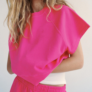Ensemble 2 pièces pour femme : Sweat-shirt oversize à col rond et short en coton rose uni, coupe décontractée, idéal printemps-été, collection 2026 - Product Image 5