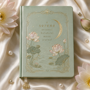 สมุดบันทึก LABON Luxury Serene Oriental Lotus Moon Journal ปกหนังวีแกนสีเขียวเซจ ประดับลายทองคำเปลว ขนาด A5 แบบจุด  ของขวัญสุดหรู - Product Image 4