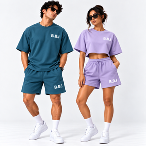 custom couple streetwear short set mens cream maroon oversized <b>tshirt</b> shorts <b>womens</b> <b>black</b> pink cropped tee gym shorts tracksuit - Product Image 6