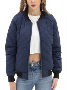 Women's Quilted Bomber Jacket Solid Color <b>Zipper</b> Closure Stand Collar Short Length Full Sleeve Autumn Wear - Product Image 1