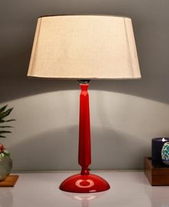 Modern Red Plastic Table Lamp with Beige Linen Drum Shade Warm White LED <b>Light</b> for Bedroom Decorative <b>Lighting</b> - Product Image 1