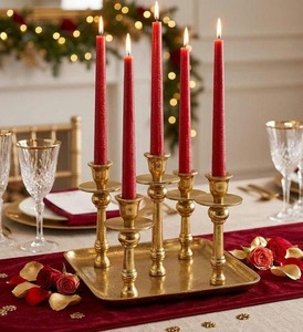 Candelabro de color ámbar cálido con cinco brazos sobre bandeja, decoración duradera para el hogar - Product Image 3