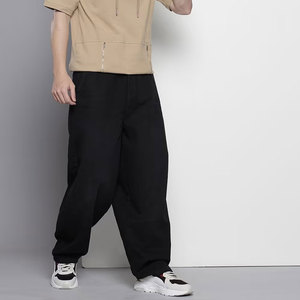 Pantalon décontracté pour homme en toile de coton noir à taille haute avec poches latérales, coupe droite respirante, style automne - Product Image 3