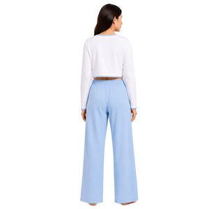Conjunto de Pijama Corto de Manga Larga para Mujer, Color Blanco y Azul Cielo, con Estampado de Cerezas, Tejido de Algodón Suave, Pantalones Anchos, Fabricación Personalizada OEM - Product Image 2