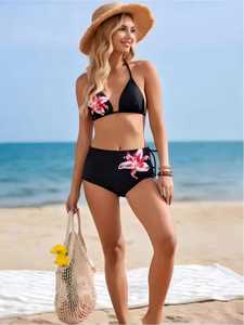 Traje de Baño de Talla Grande con Top Bandeau y Braguita de Cintura Alta, Escote Hombros Descubiertos, Ecológico, Transpirable, de Spandex y Poliéster - Product Image 1