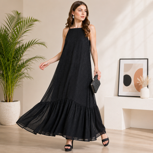 Elegante Vestido Maxi de Georgette a Rayas Negras con Tirantes Finos, Dobladillo en Capas Suelto y Capa Transparente, Ideal para Fiestas y Verano Casual para Mujer - Product Image 3