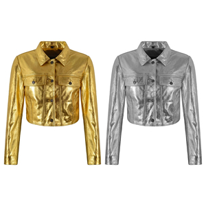 Women’s Metallic Genuine Soft Nappa Leather Cropped <b>Jacket</b> Gold <b>Silver</b> Slim Fit Button Front Denim Trucker Style Fashion <b>Jacket</b> - Product Image 1