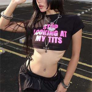 Summer Casual Letter Printed Ultra Short Crop <b>Top</b> for Women Slim Fit Sexy Ladies T-Shirt - Product Image 1
