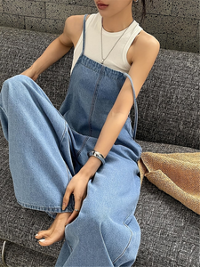 Overol de Mezclilla Holgado de Pierna Ancha, Estilo Elegante de Verano, Transpirable, Cintura Alta, Diseño Estructurado Vintage, Sin Elasticidad - Product Image 6