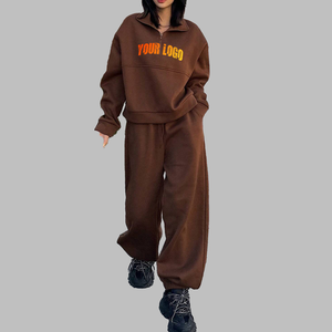 OEM Women Brown Half-Zip Eco-Friendly Lightweight Tracksuit Set Full Sleeve Loose Fit Front Logo Print Casual Wear 100% Cotton - Product Image 1