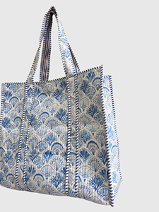 Sac fourre-tout en coton à motif de coquillages bleus avec broderie, style bohème, ouverture supérieure, sac de shopping pour femmes, utilisation toutes saisons - Product Image 3