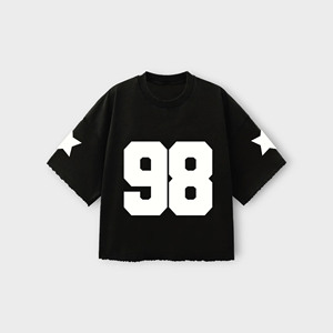 Camiseta Gráfica Negra Personalizada para Hombre, con Estampado del Número 98, Cuello Redondo, Manga Corta, Estilo Urbano, Algodón Grueso de 220g, Lavado Vintage, Talla Grande - Product Image 1