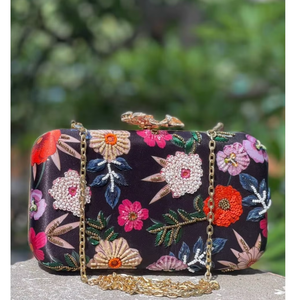 Colorful Garden Embroidery <b>Purse</b> for Women | Black <b>Beaded</b> Chain Handbag with Floral Artwork for Wedding Party and Special Events - Product Image 3