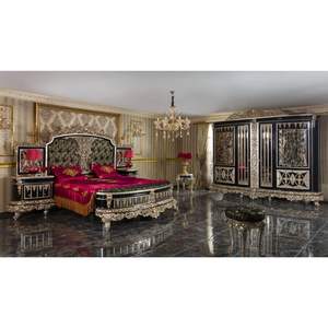 Juego de Muebles de Dormitorio de Lujo de Estilo Mid-Century en Negro y Plata, Madera de Teca Sólida, Cama King Size, Vitrina, Mesitas de Noche, Armario - Product Image 1