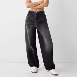 Jean large noir délavé pour femme, taille haute, coupe ample, style vintage, pantalon baggy streetwear - Product Image 3