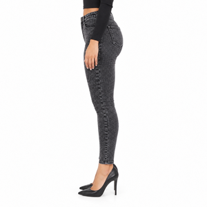 Jean en denim noir personnalisé, coupe crayon, taille mi-haute, décontracté, coupe skinny, effet délavé, grande taille pour femme - Product Image 4