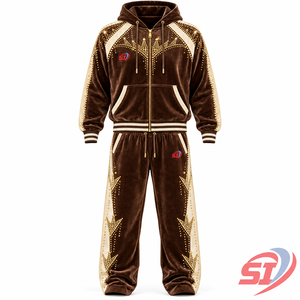 Ensemble de survêtement en velours OEM Cocoa Crown Avenue avec strass et cristaux, 95 % coton, 5 % élasthanne, sweat à capuche et pantalon, velours tendance - Product Image 1