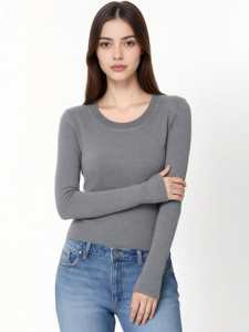 T-shirt Chic Décontracté Vintage d'Été pour Femme, Haut Tricoté Uni à Col U, Manches Longues, Coupe Ajustée, Respirant, Court - Product Image 4