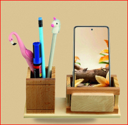Organizador de escritorio de bambú con soporte para teléfono y portalápices, regalo de oficina multifunción, estilo lindo, hecho a mano - Product Image 6