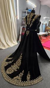 Elegante Vestido Caftán Negro de Terciopelo para Mujer, Largo hasta el Suelo, Bordado, para Fiesta de Noche o Boda, con Motivo de Estrellas con Cuentas - Product Image 3