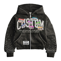 Hoodie Unisex Oversize Musim Dingin Streetwear Premium Custom Berhias Rhinestone, Bahan Fleece Katun 100% Tebal, Model Distressed dengan Ritsleting