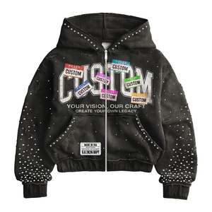 Sudadera con capucha de felpa 100% algodón, pesada, desgastada, con cremallera y pedrería de primera calidad, estilo streetwear, fabricante global a granel - Product Image 5