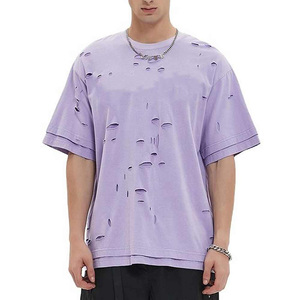 T-shirts pour hommes effet vieilli, coton lavé vintage, déchirés, aspect délavé, tissu doux et respirant, streetwear décontracté, tenue d'été - Product Image 1