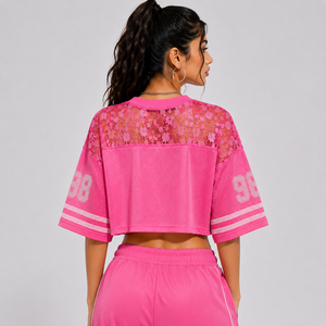 Luxury Women Cropped Football Jersey With <b>Rhinestone</b> Letters <b>Mesh</b> Varsity Streetwear Drop Shoulder Shirt - Product Image 3