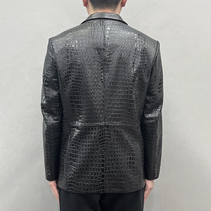 Veste en cuir noir pour homme, motif crocodile embossé, simple boutonnage, col rabattu, style décontracté chic, pour l'automne - Product Image 3