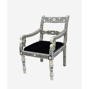 Chaise de salon en bois massif avec incrustations osseuses, assise en velours, design traditionnel antique, style ferme, pour salle de bain, salon, chambre, cuisine - Product Image 4