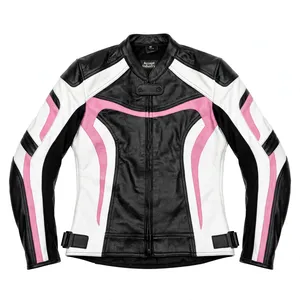 Nueva Chaqueta de Cuero para Motociclista, Estilo Racing, para Hombre, en Negro, Blanco y Rosa, con Cierre de Cremallera y Hebilla, Estilo Vintage - Product Image 1