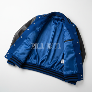 เสื้อแจ็คเก็ตวาร์ซิตี้ผู้ชาย Rill Intl สีน้ำเงิน-ดำ แขนหนัง PU ปักลายมงกุฎ 07 ดีไซน์แพทช์  สำหรับใส่ลำลองในฤดูใบไม้ร่วง - Product Image 5